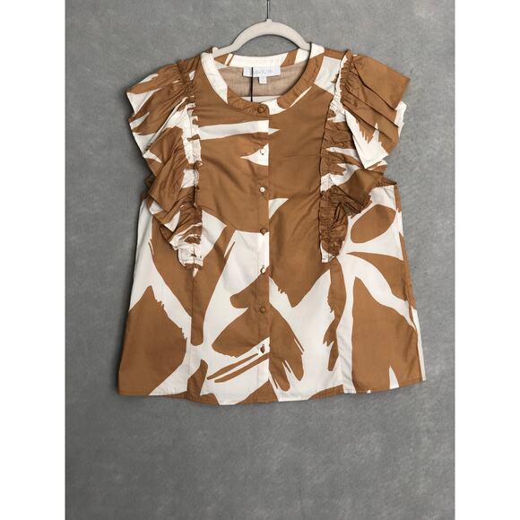Sugarlips Women's Small Flutter Sleeve Abstract Tropical Poplin Top NEW - Picture 1 of 8